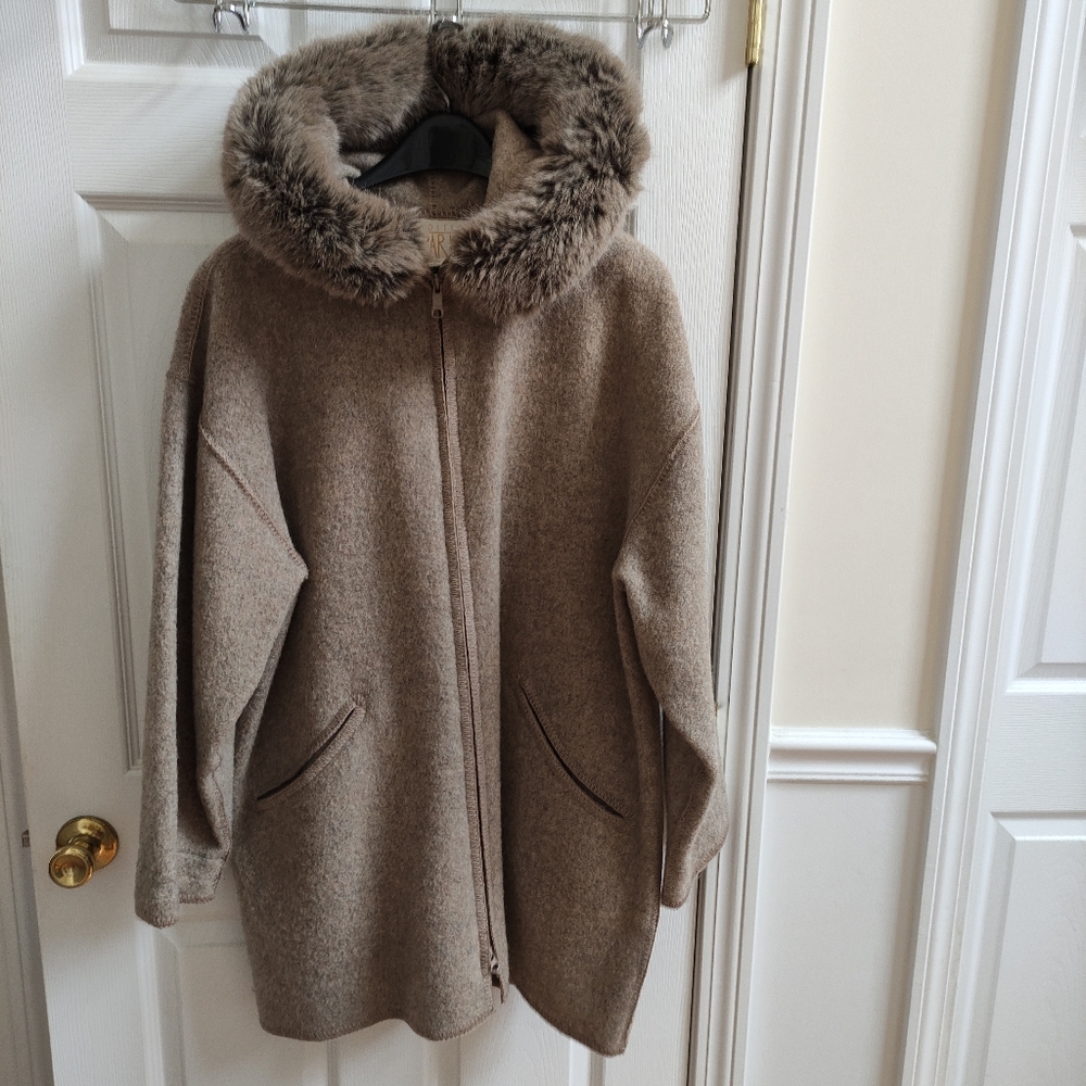 Linda Lundstrom Laparka Canada wool hooded jacket faux fur zip off trim M/L